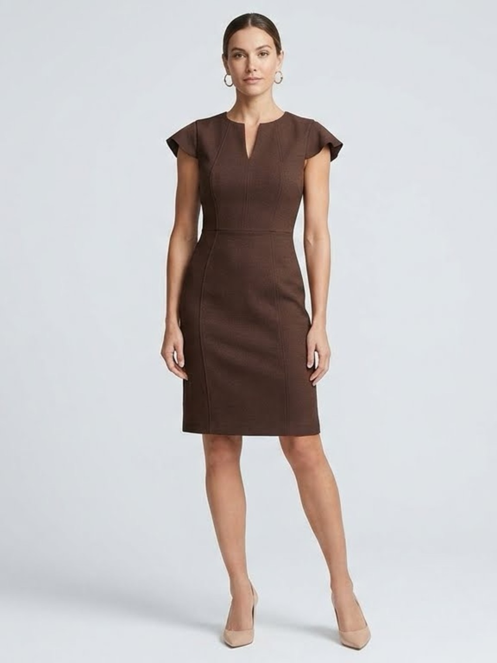 Antonio Melani Brown Cotton Blend Flutter Sleeve Sheath Dress